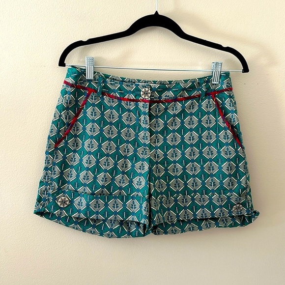 Anthropologie Corey Lynn Calter Green Printed Cotton Shorts Sz 4 Boho Artsy Chic - Picture 3 of 9